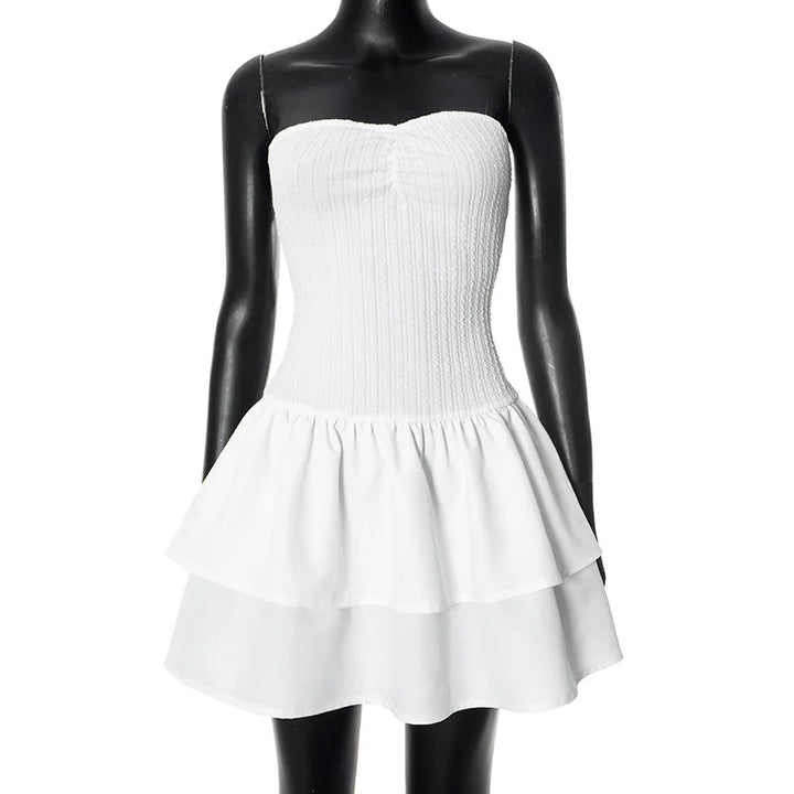 Strapless Mini Dress with Ruching and Tiered Ruffle Detail - Kara