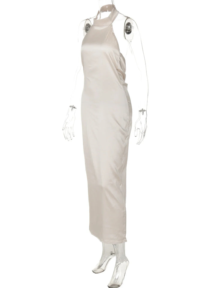 Satin Maxi Dress with Collar and Open Back - Lilly