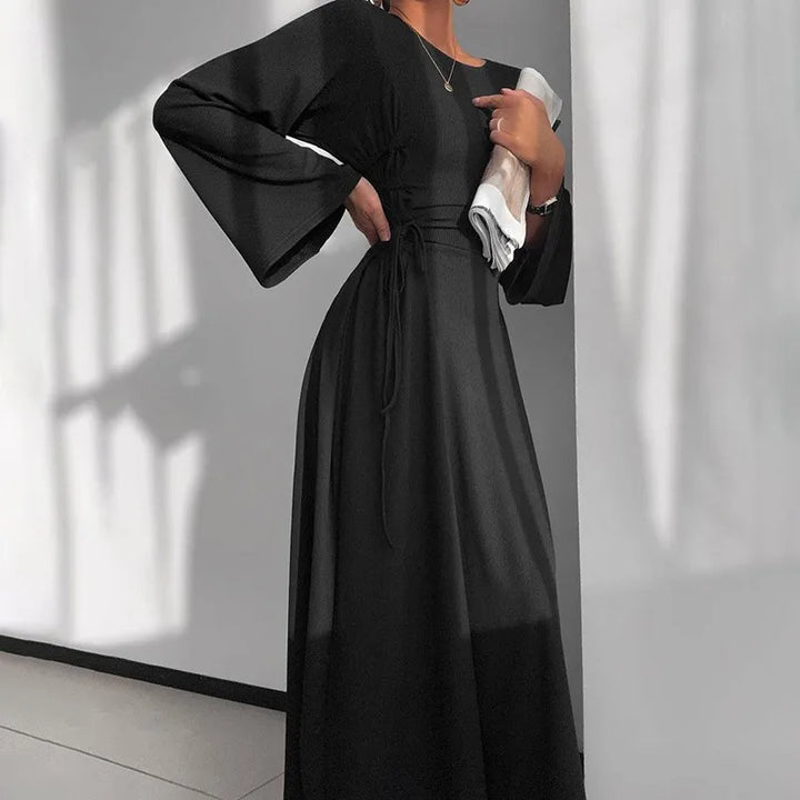 Modest knitted A-line maxi dress with waist ties - Liri
