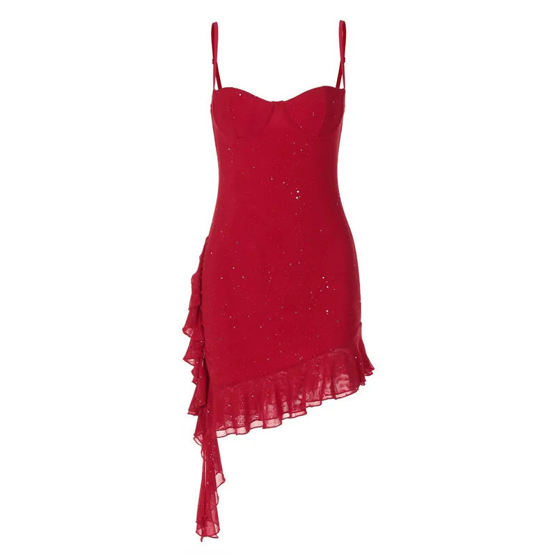 Mini sequin dress with asymmetric ruffle decoration - Kesem