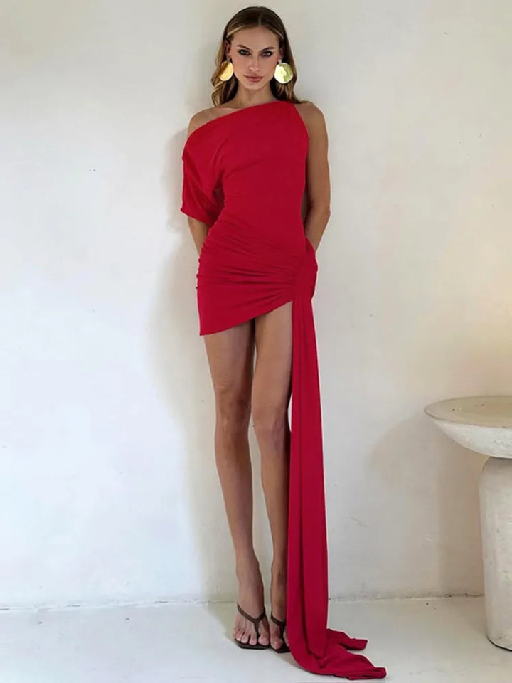 Mini dress with asymmetric design and train decoration - Nina