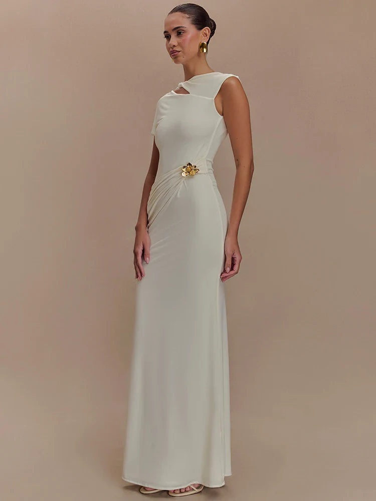 Elegant Maxi Dress with Ruching, One Sleeve, and Buckle Detail - Agatha