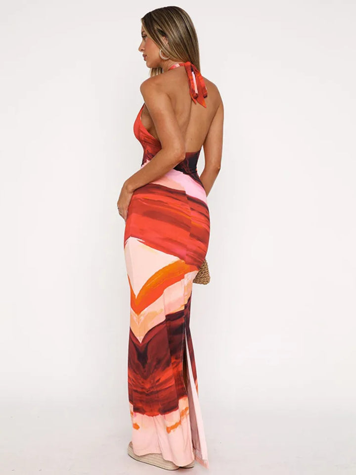 Maxi Dress with Colorful Print, Neck Tie, and Open Back - Chulia