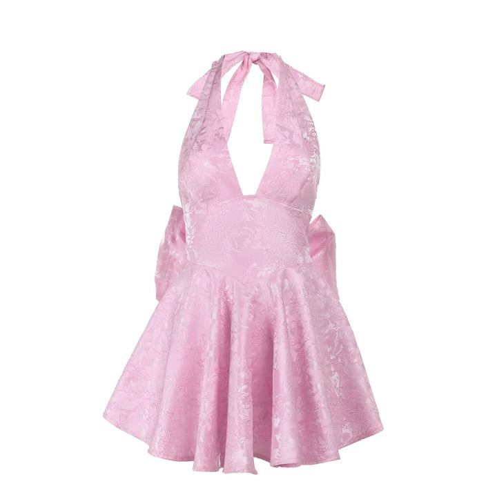 A-line mini dress with floral embroidery, bow detail on the back, tie-back design for waist fit and neck tie - Pearl