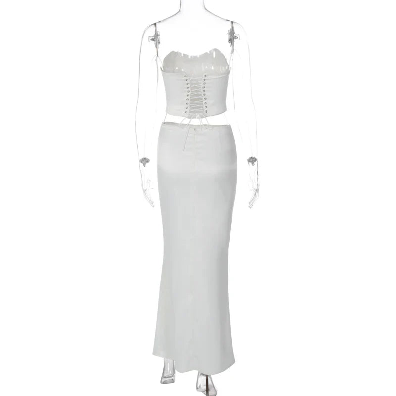 Two-Piece Satin Set with Strapless Top and Maxi Skirt - Siana