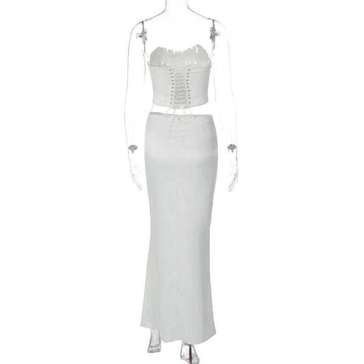 Two-Piece Satin Set with Strapless Top and Maxi Skirt - Siana