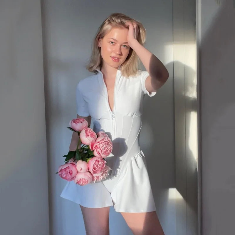 Short Sporty Jumpsuit with Corset Cut and Front Zipper Closure - Averie
