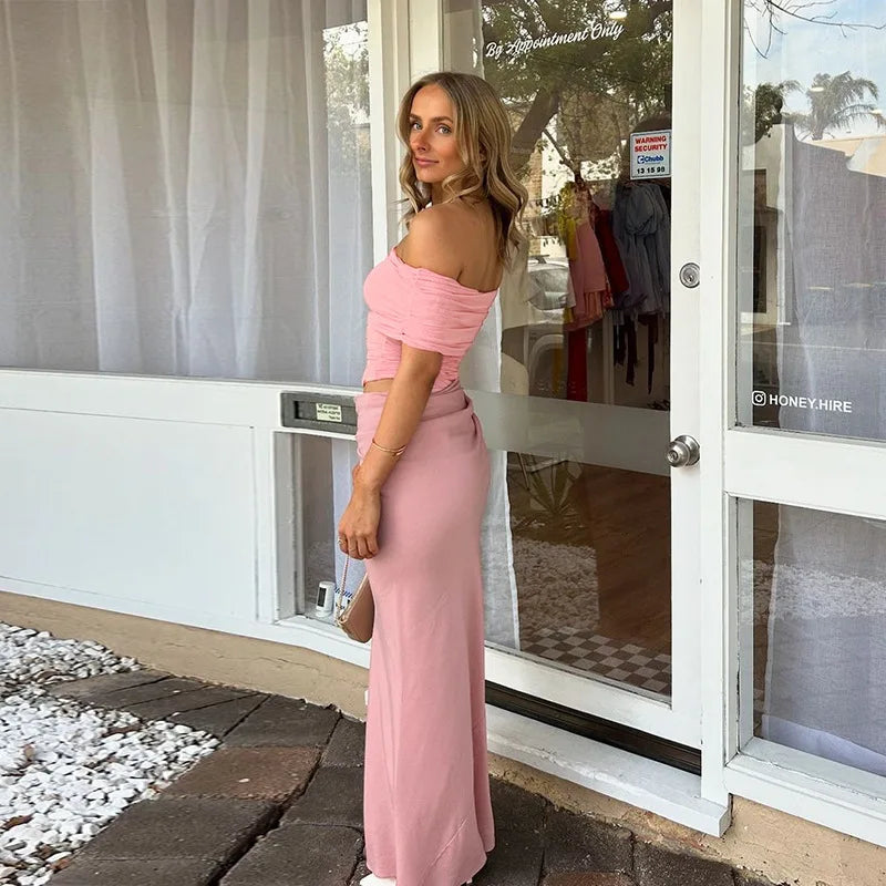 Maxi dress with ruching, mesh design and off-shoulder - Keshet