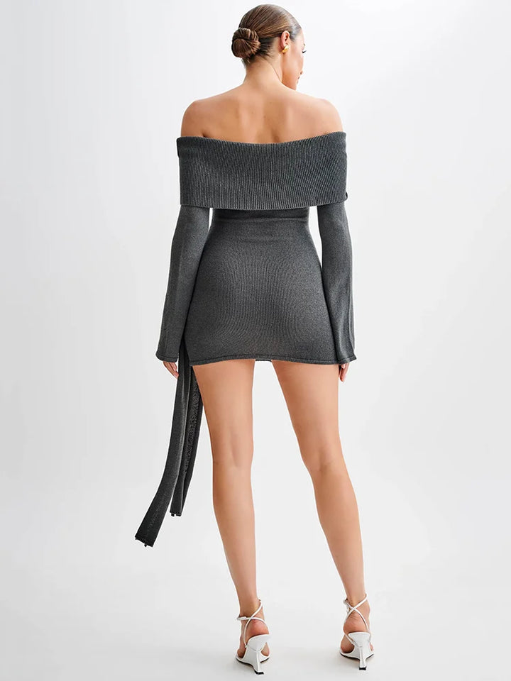 Knitted mini dress with off-shoulder tie design - Karin