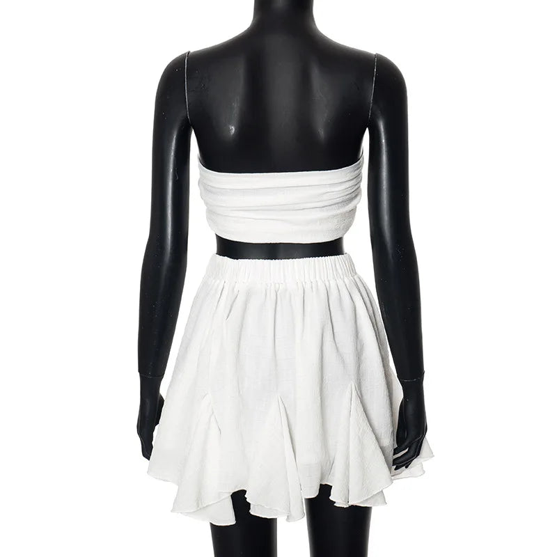 Two-Piece Linen Set with Strapless Tie Top and Ruffled Mini Skirt - Lola