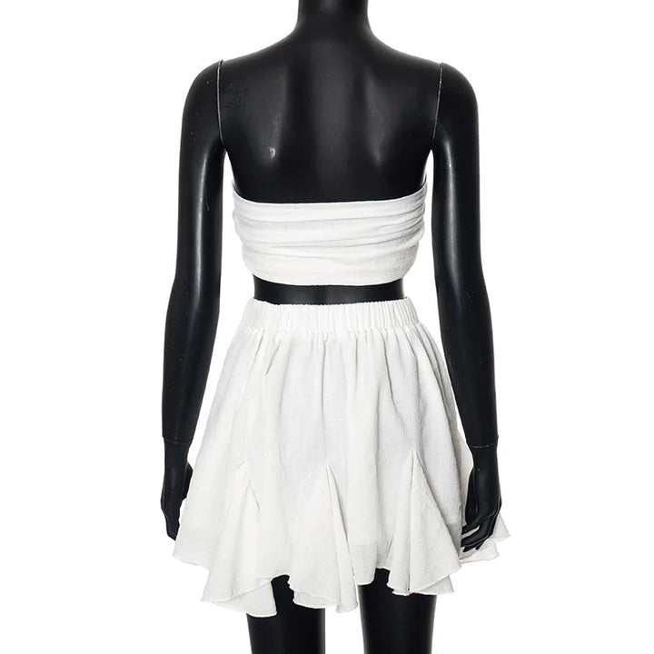 Two-Piece Linen Set with Strapless Tie Top and Ruffled Mini Skirt - Lola