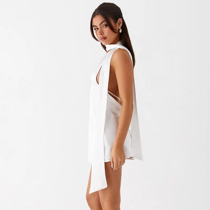Satin mini dress with V neckline decorated with matching scarf - Karina