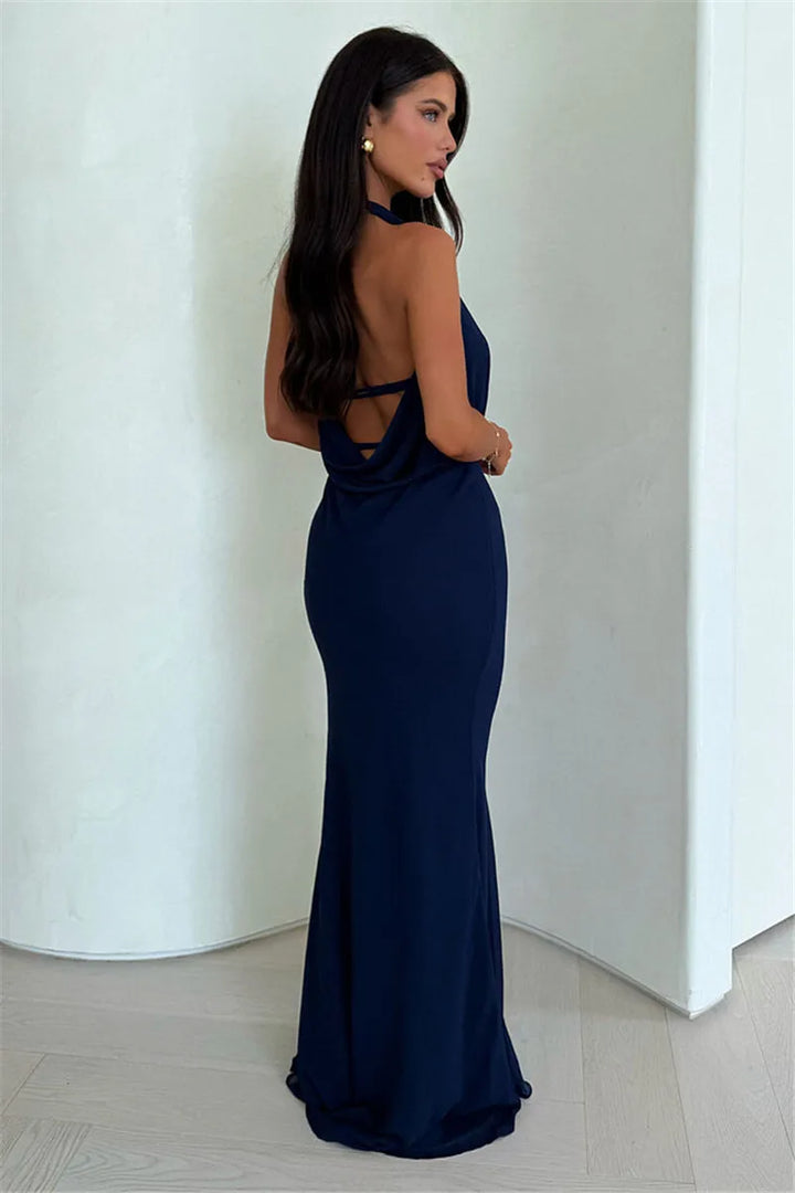 Maxi dress with draped V neckline, tie slit, and open back - Miren