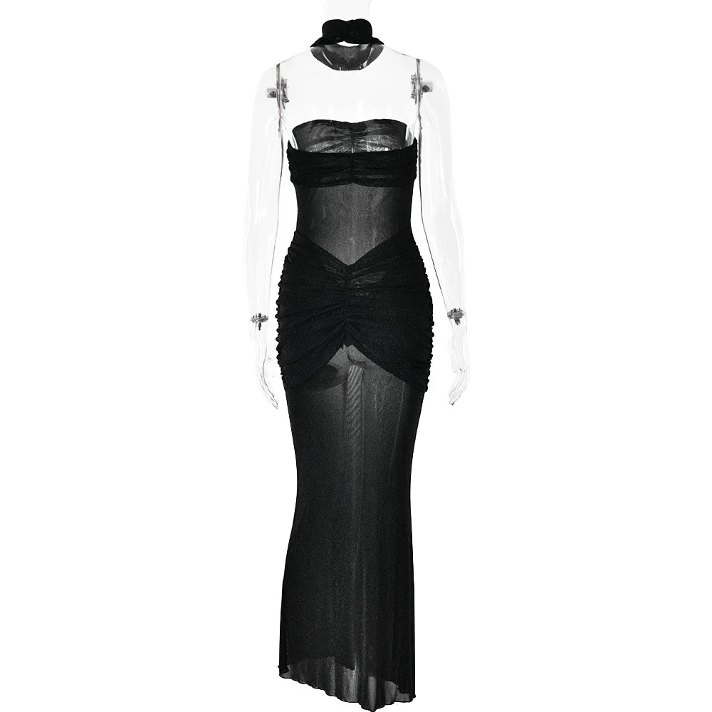 Strapless Maxi Dress with Glitter Mesh and Ruching Detail - Haisley