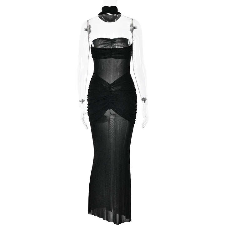Strapless Maxi Dress with Glitter Mesh and Ruching Detail - Haisley