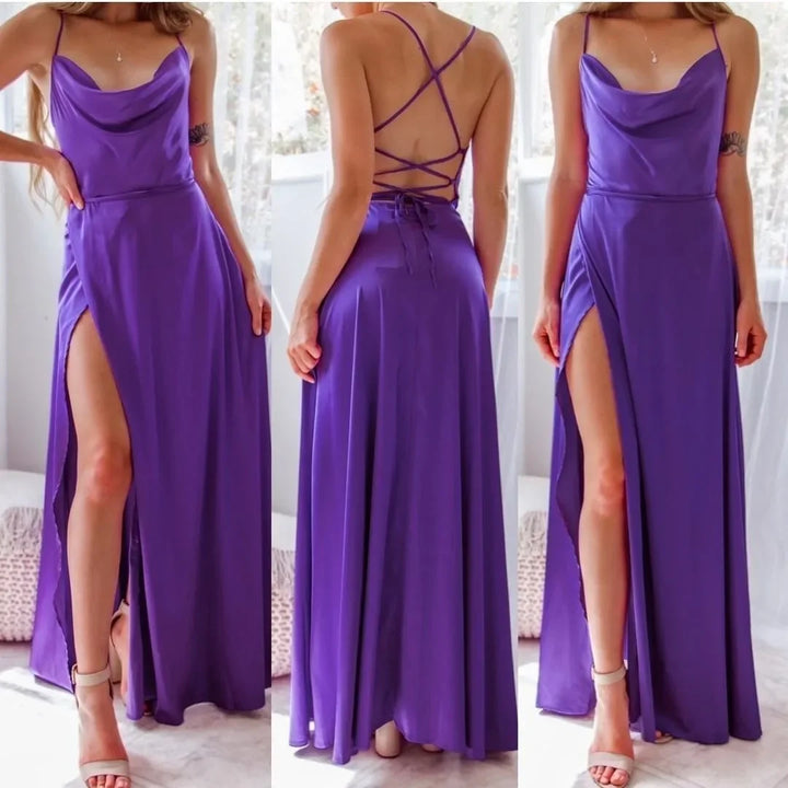 Maxi Satin Dress with Slit Detail and Back Tie - Leona