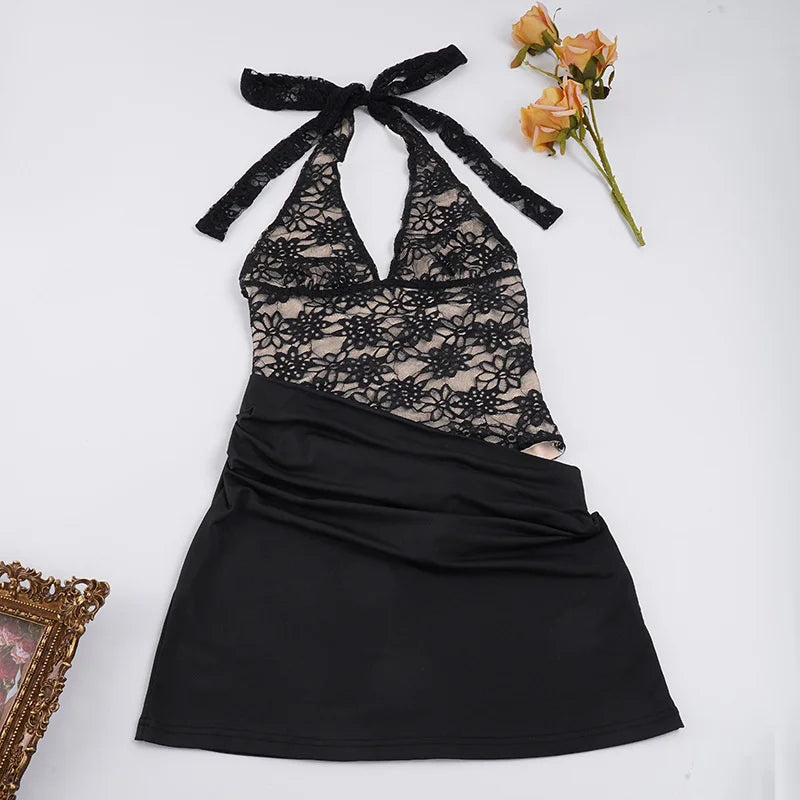 Mini pleated dress with lace bodysuit design - LISS
