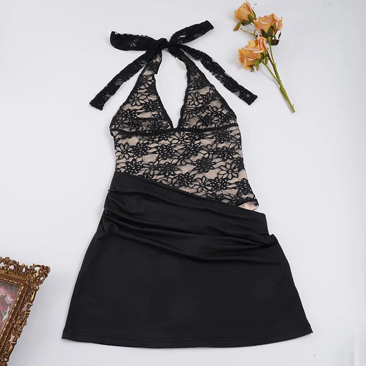 Mini pleated dress with lace bodysuit design - LISS