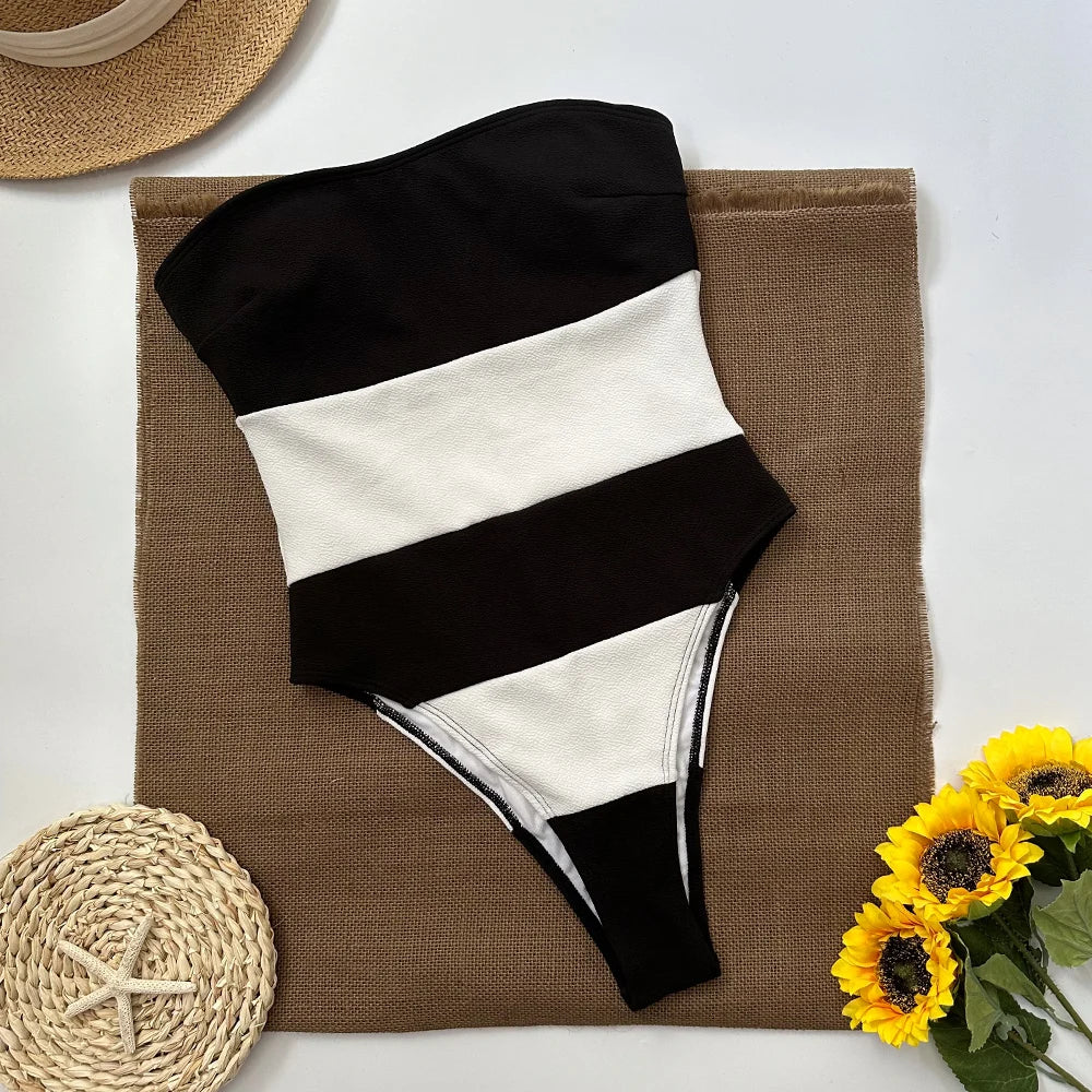 Strapless High-Cut Swimsuit with Thick Stripes - Bar