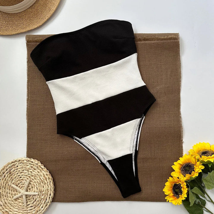 Strapless High-Cut Swimsuit with Thick Stripes - Bar