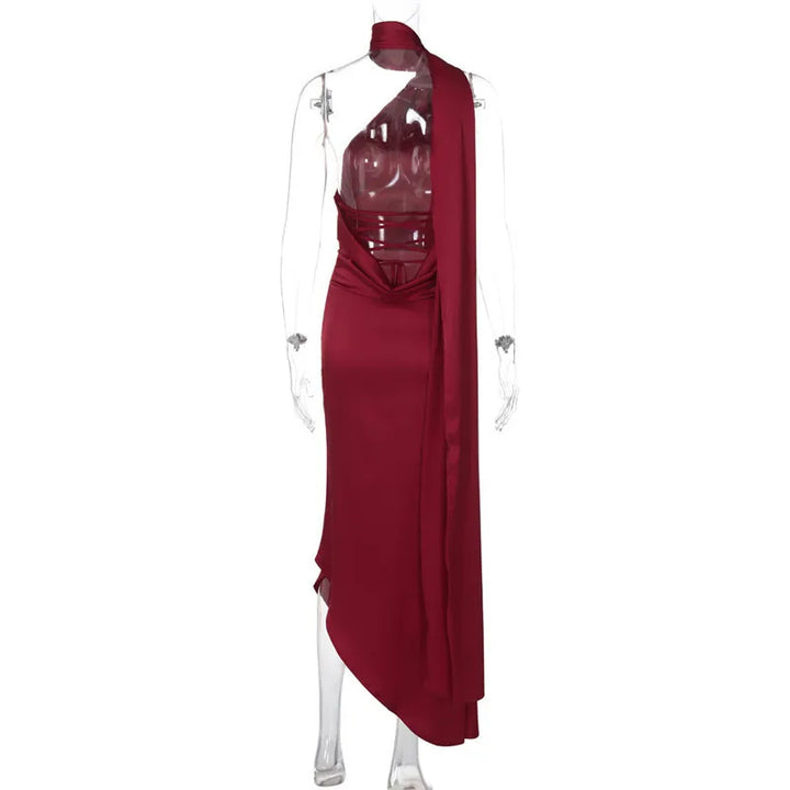 Asymmetric satin maxi dress with neck wrap design - Angela