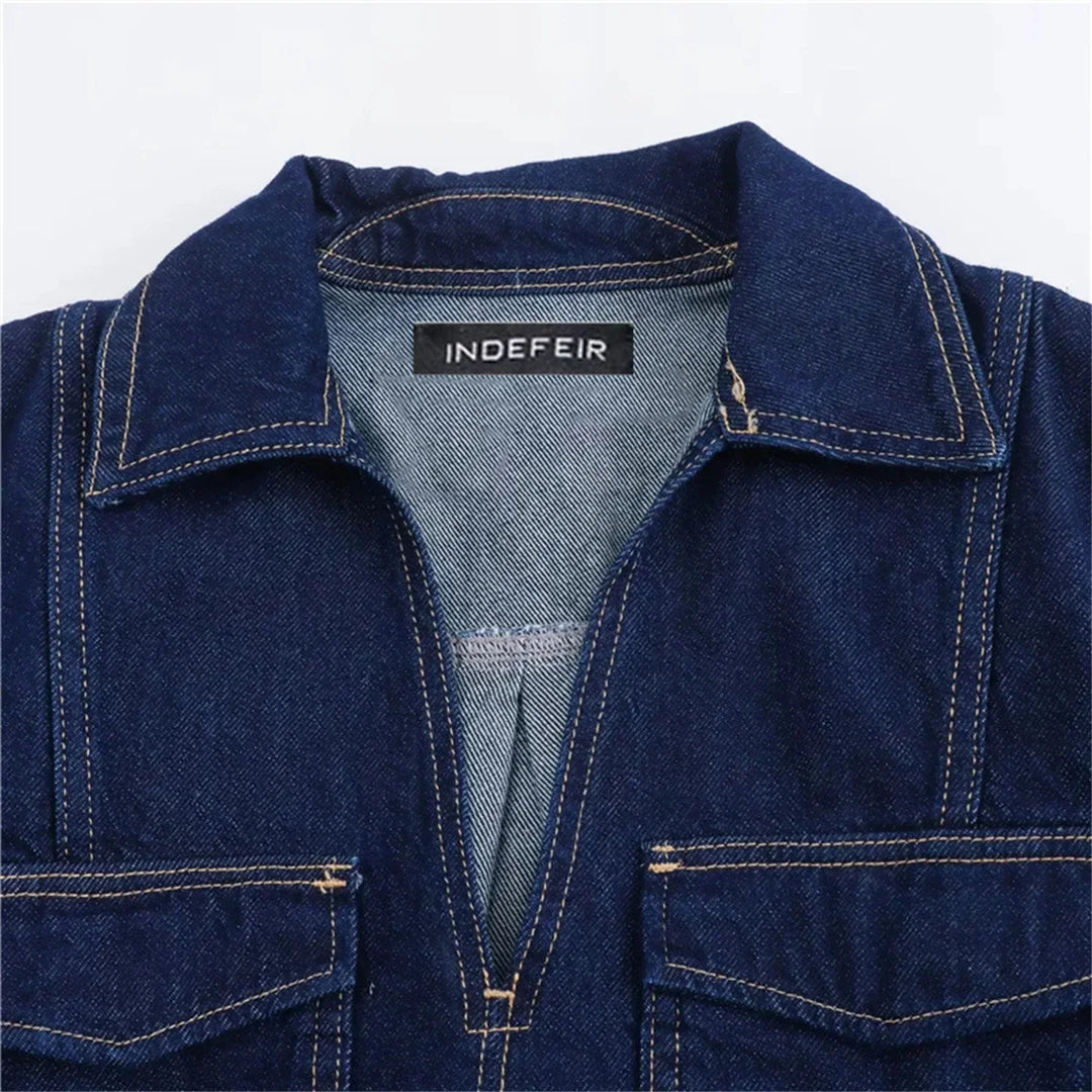 חליפת דנים שני חלקים מכנס חצאית מיני וחולצה בעיטור כיסים - ג'ול