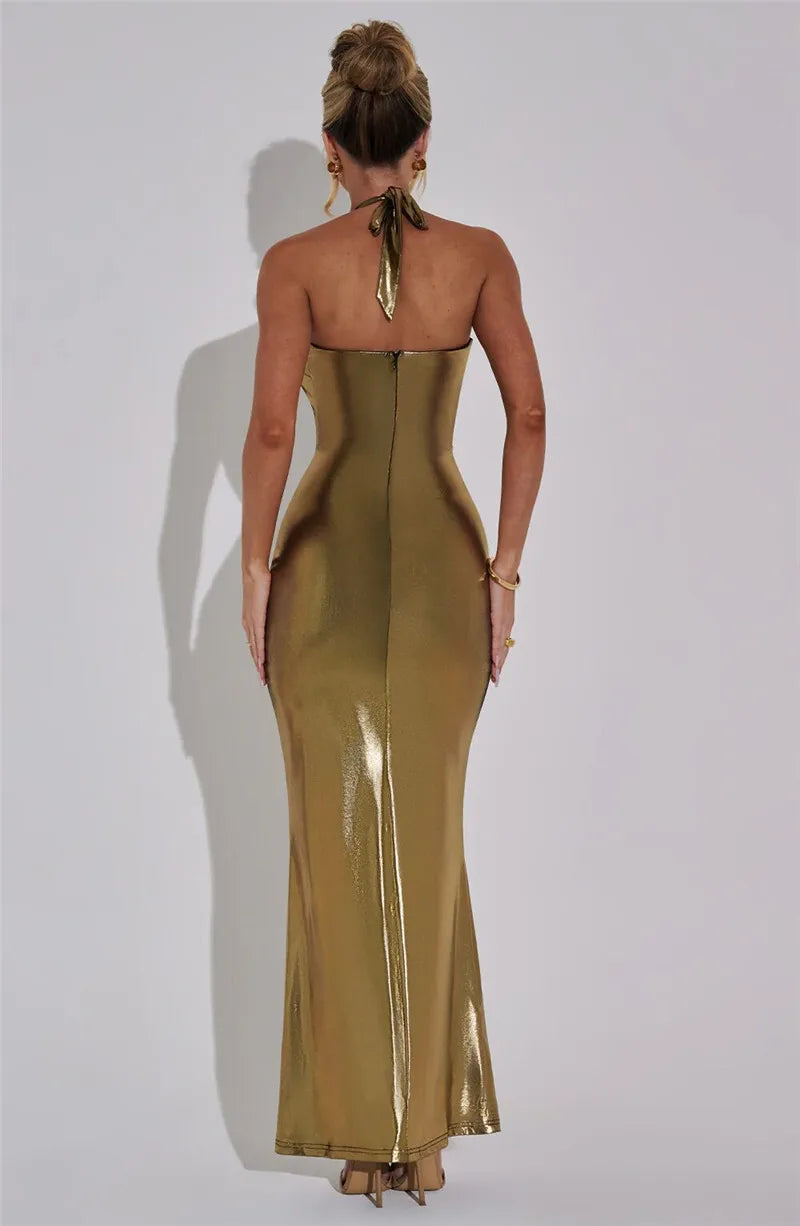 Gold Maxi Dress with Draped Neckline - Golden