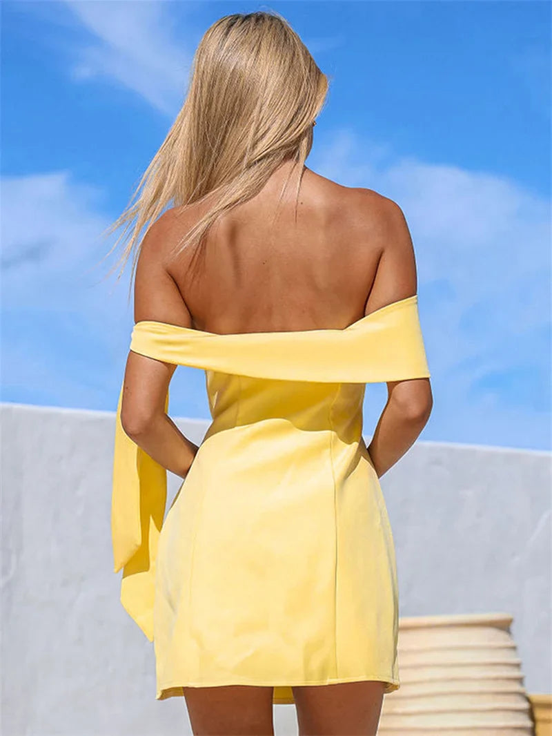 Mini A-line dress with bare shoulders decorated with tie - Sheli