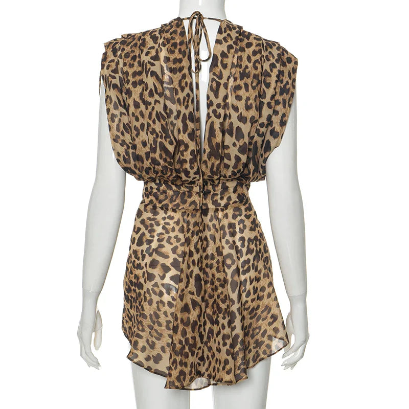 Short Spotted Chiffon Jumpsuit with Deep V-Neck Mini Dress Design - Jill