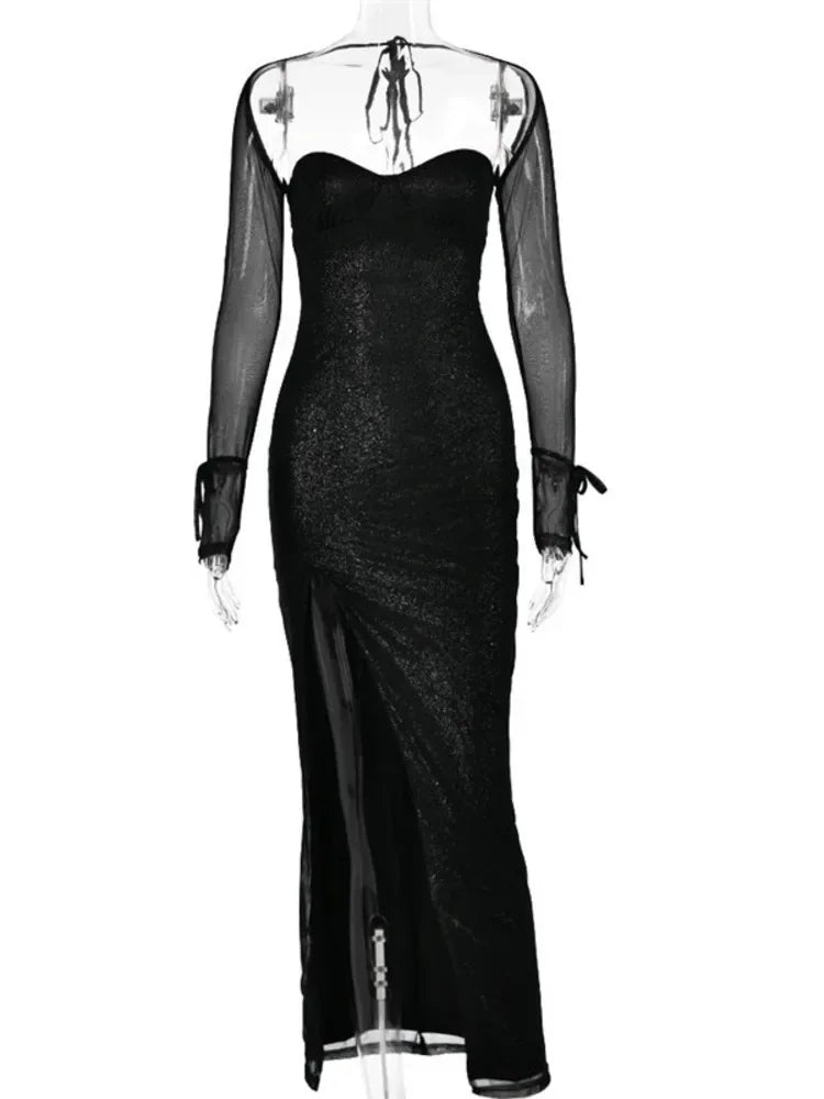 Sequin Maxi Dress with Slit and Open Back Tie Detail - Leila