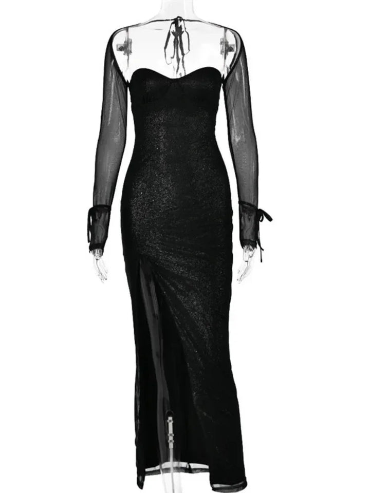 Sequin Maxi Dress with Slit and Open Back Tie Detail - Leila