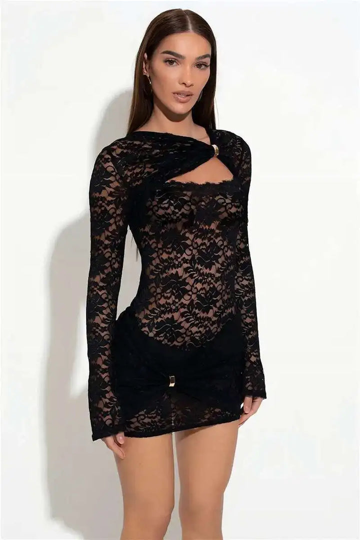 Lace mini dress decorated with buckles - Nara