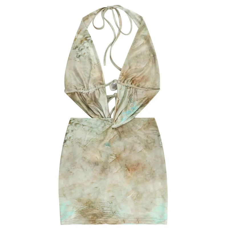 Mini tie-neck dress with open back and special print design - Wanda