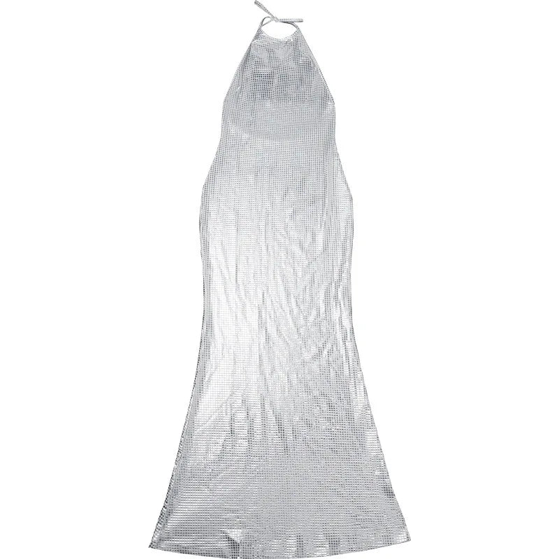 Maxi Dress with Collar, Open Back, and Sparkling Square Design - Casey