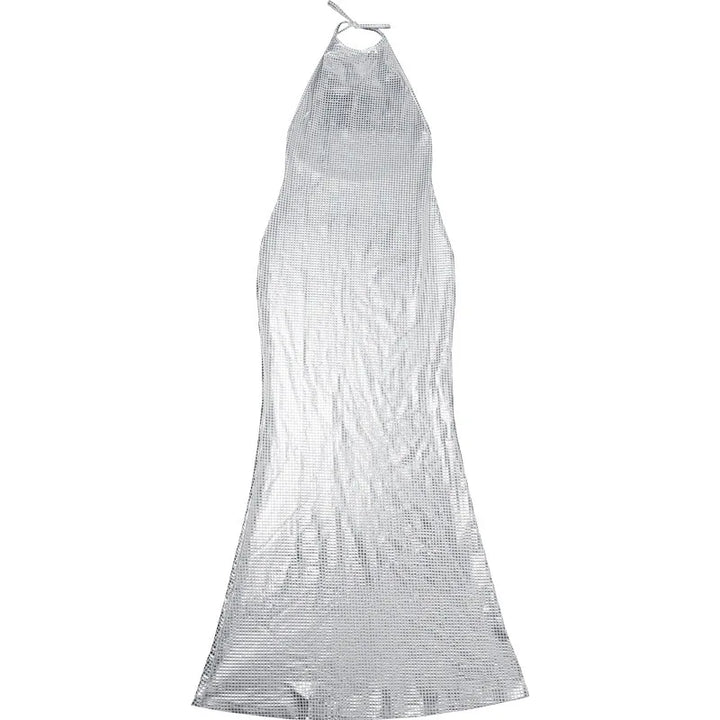 Maxi Dress with Collar, Open Back, and Sparkling Square Design - Casey