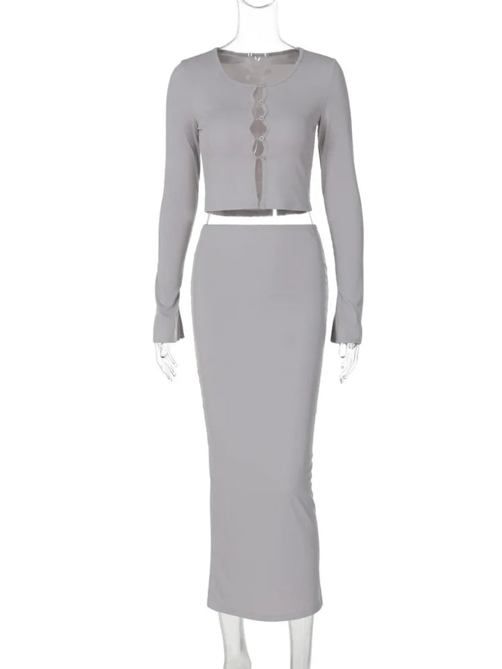 Knitted two-piece set: button-up shirt and fitted maxi skirt - MARIEL