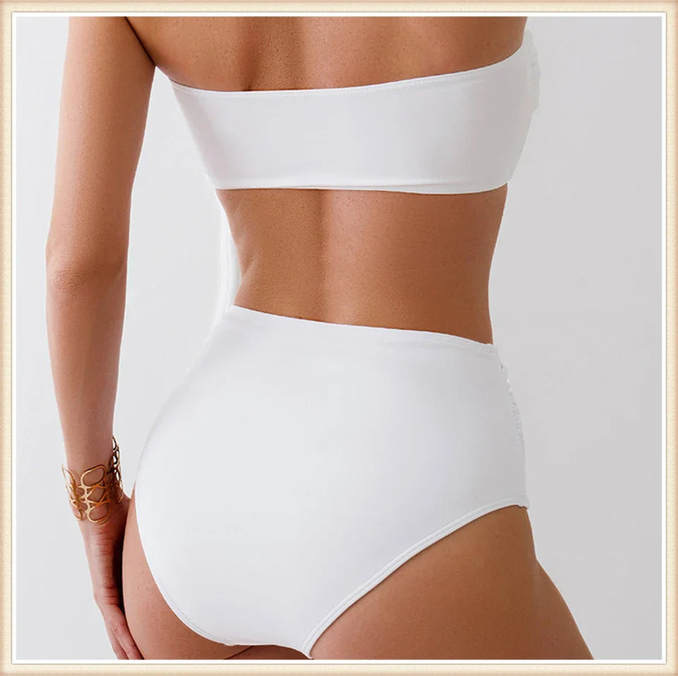 Strapless Bikini Top with Flower Decoration and High-Waist Shaping Bottom - Vanilla