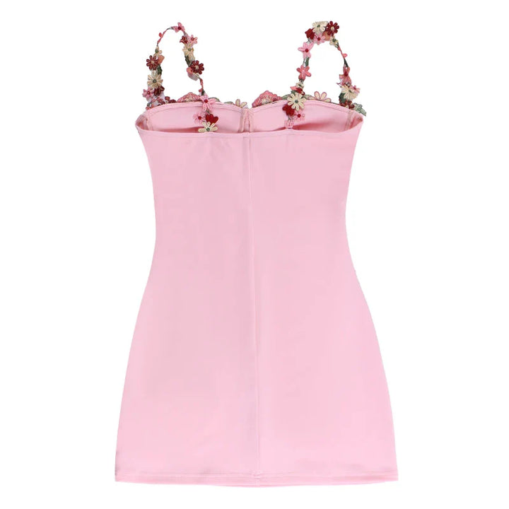 Mini Dress with Embroidery and Flower Straps with Satin Tie String Decoration - Lilia