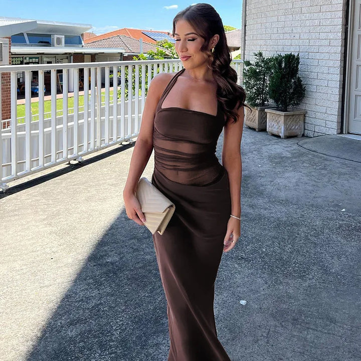 Satin Maxi Dress with Gathered Mesh Top and Open Back - Arya
