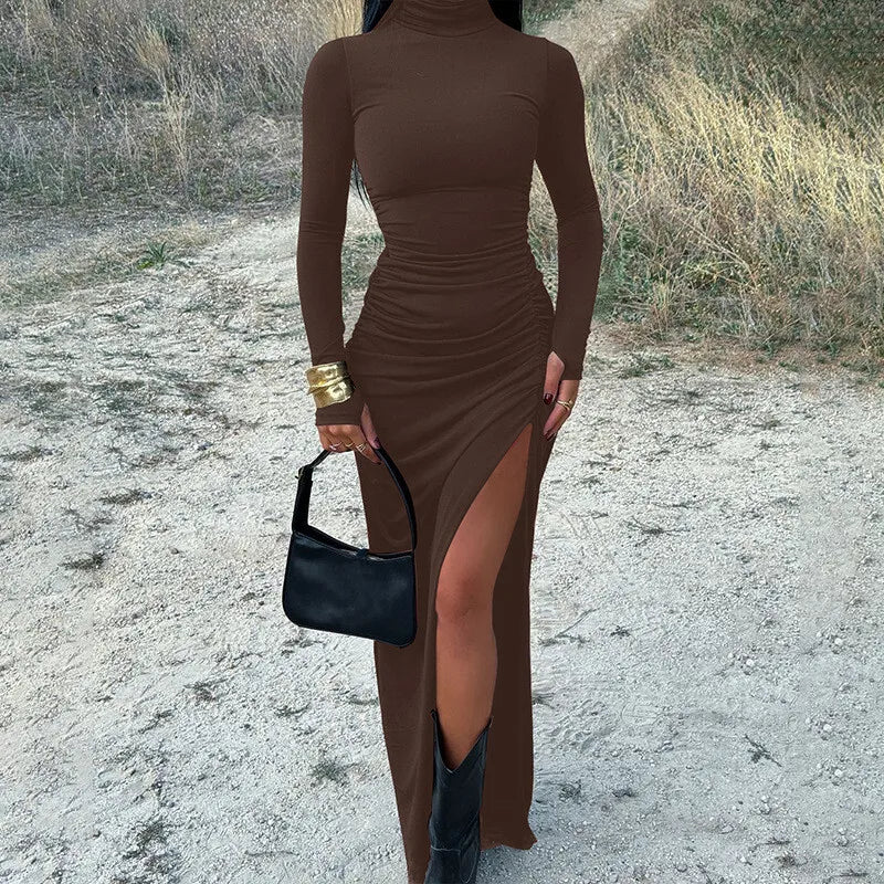 Maxi Dress with Ruching, Turtleneck, and Deep Slit - Sasha