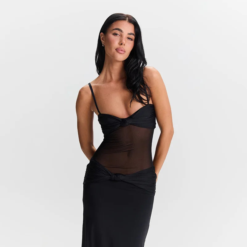 Maxi Dress with Removable Straps, Ruched and Mesh Design - Blair