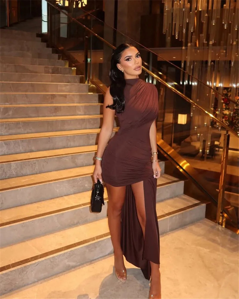 Mini dress with ruching and asymmetrical design decorated with a train - Jay