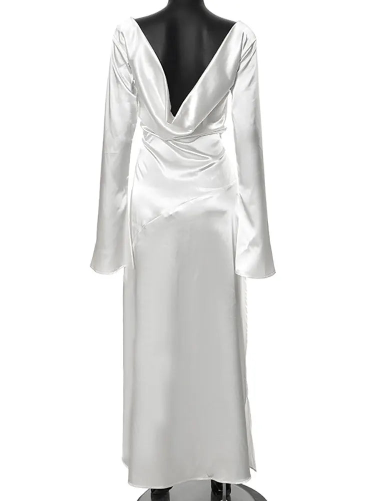 Maxi satin evening dress with open back, slit, and bell sleeves - Marian