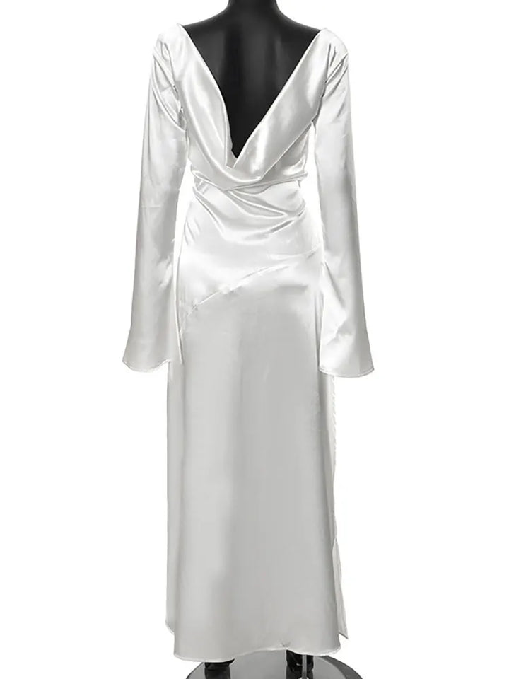 Maxi satin evening dress with open back, slit, and bell sleeves - Marian