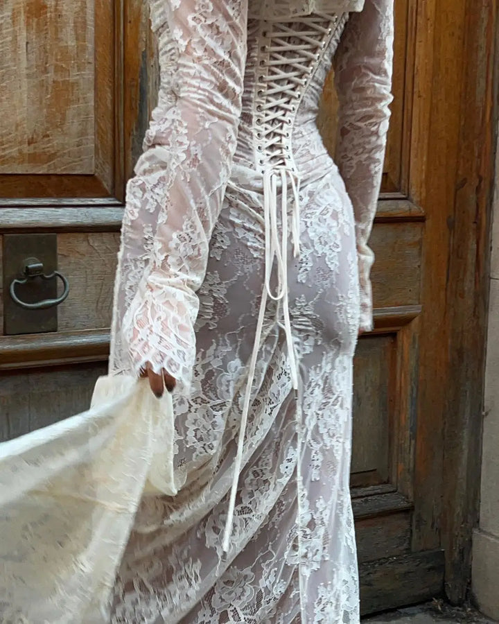 Elegant Maxi Lace Dress with Lace Sleeve Overlay - Ilia