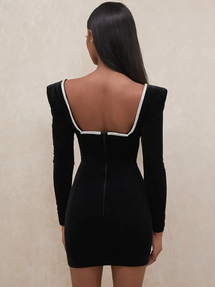 Mini velvet dress with deep V neckline decorated with diamonds - SANA