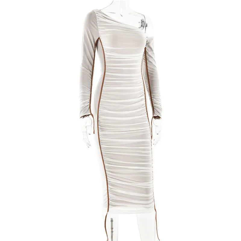 Midi ruched dress with asymmetrical neckline - LOV