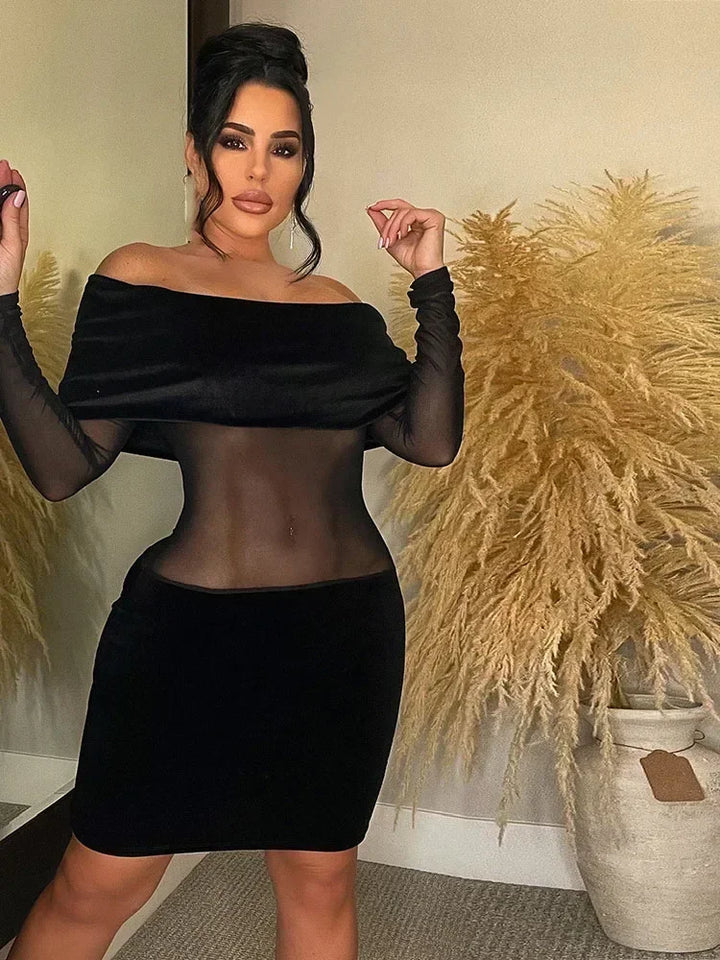 Velvet off-shoulder mini dress with mesh design - Shariel