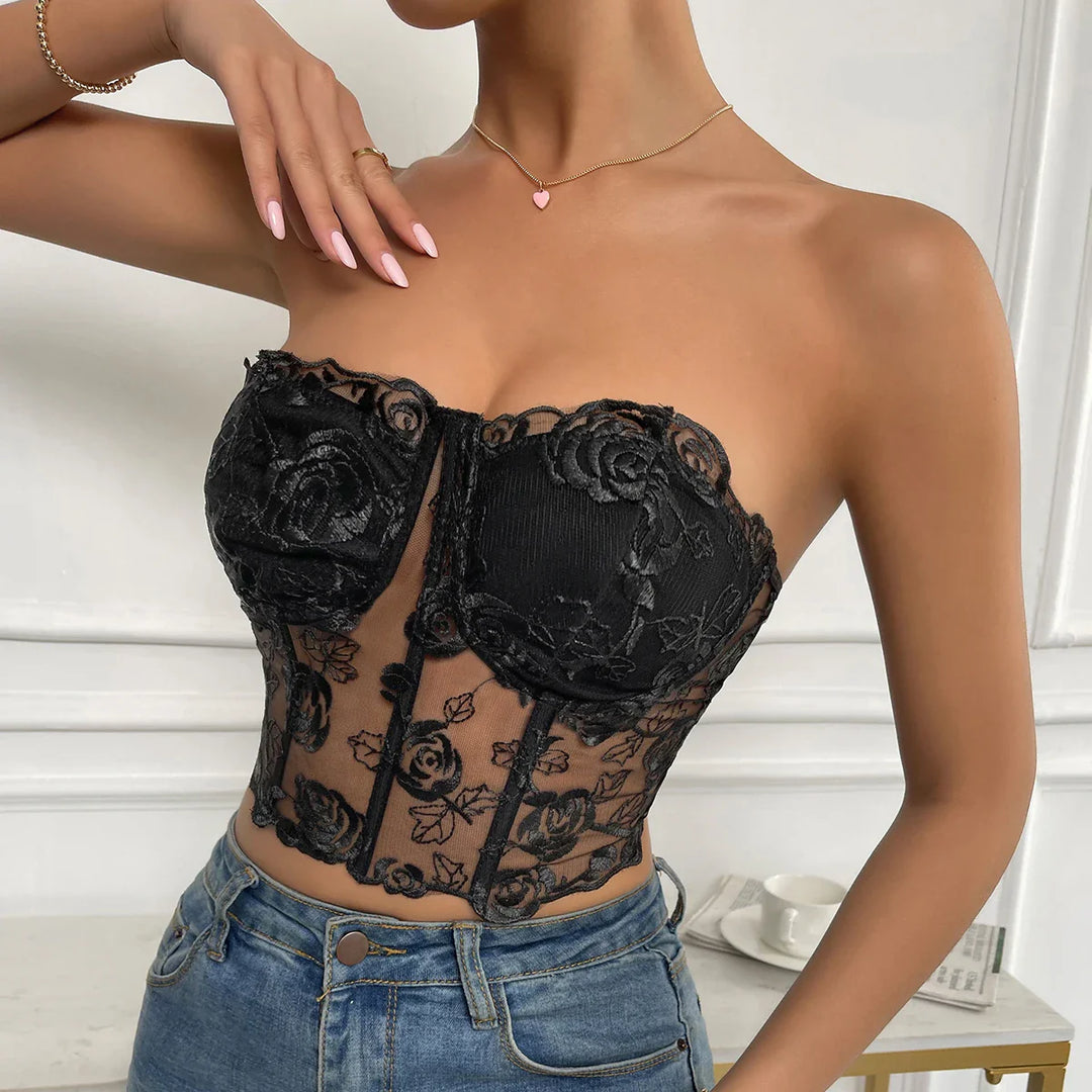 Strapless Mesh Top with Floral Embroidery - Noya Lee