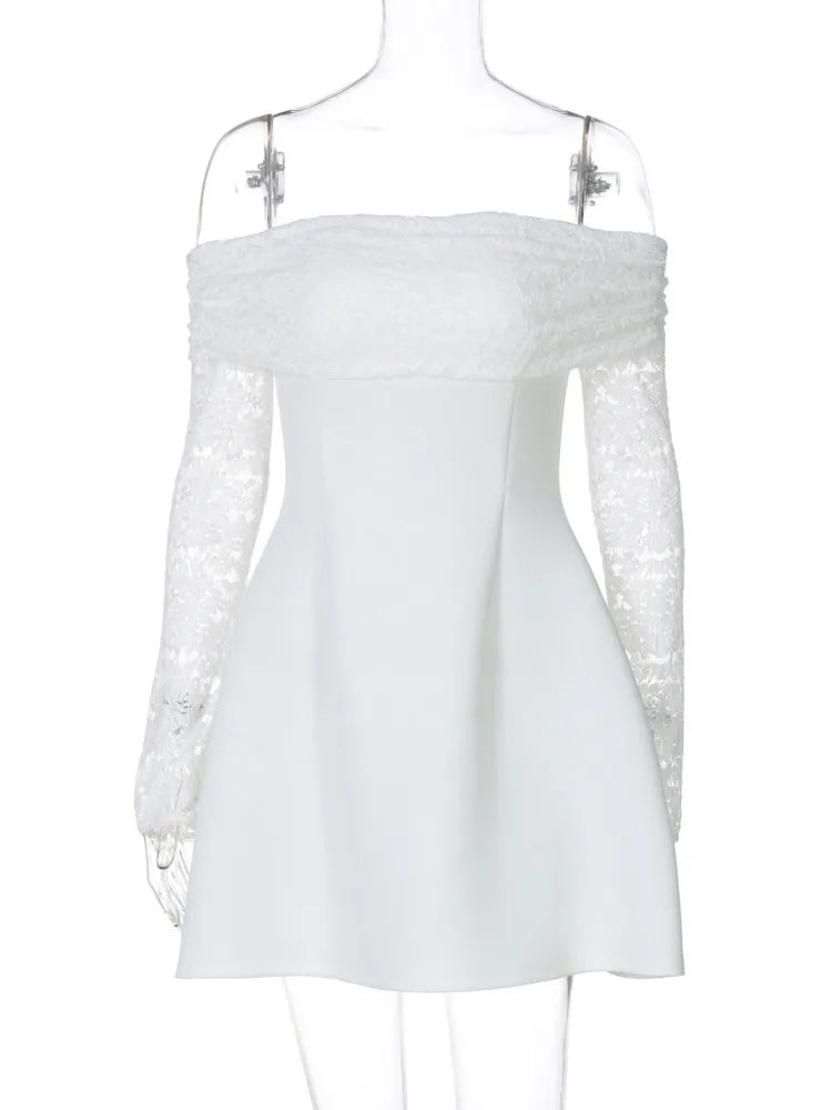 Satin mini dress with off-shoulder and lace sleeves - AMALIA